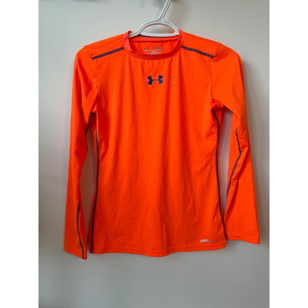 Under Armour Boys HeatGear Long Sleeve Shirt Orange Fitted Active Top YLG 1232